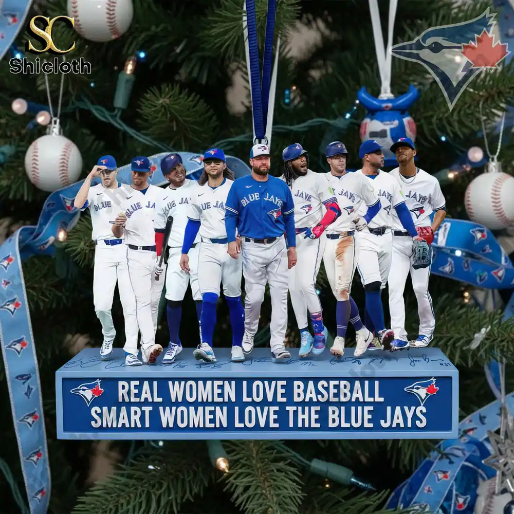 Close-up of Blue Jays figurines on a Christmas ornament display.