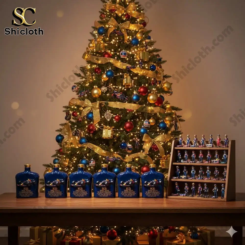 Christmas tree with Red Bull anniversary bottles and racing themed figures displayed on a table.