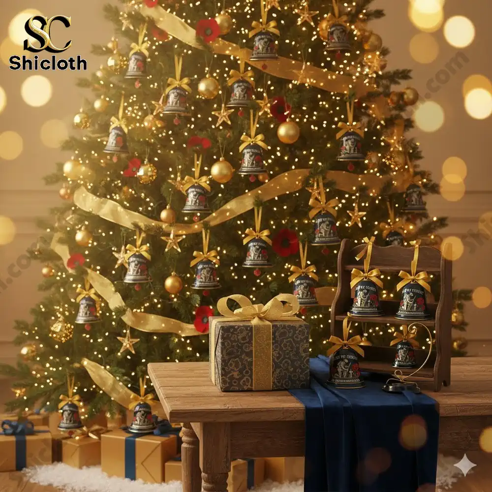 Christmas tree with "Lest We Forget" remembrance bells and gold decorations.