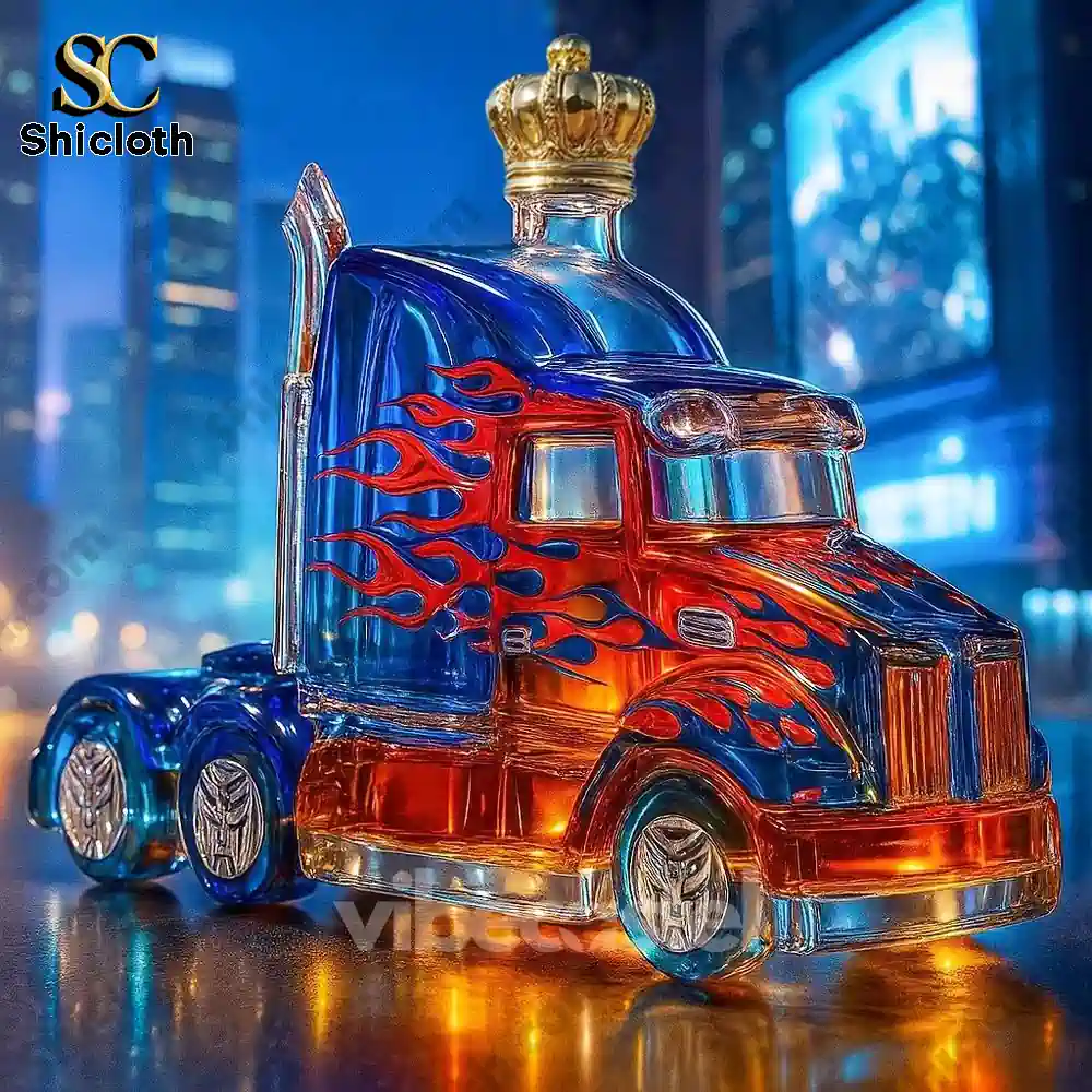 Truck shaped bottle with a crown topper displayed against a night city backdrop.