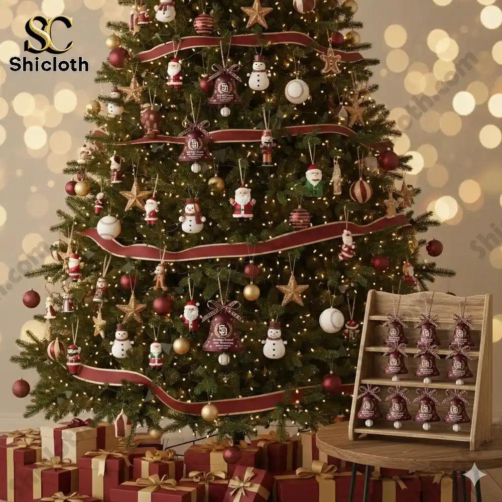Christmas tree decorated with San Diego Padres 56th Anniversary bell ornaments, snowmen, and festive ribbons.