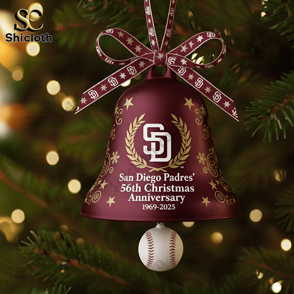 Close-up of San Diego Padres 56th Anniversary red Christmas bell ornament with team logo and baseball details.