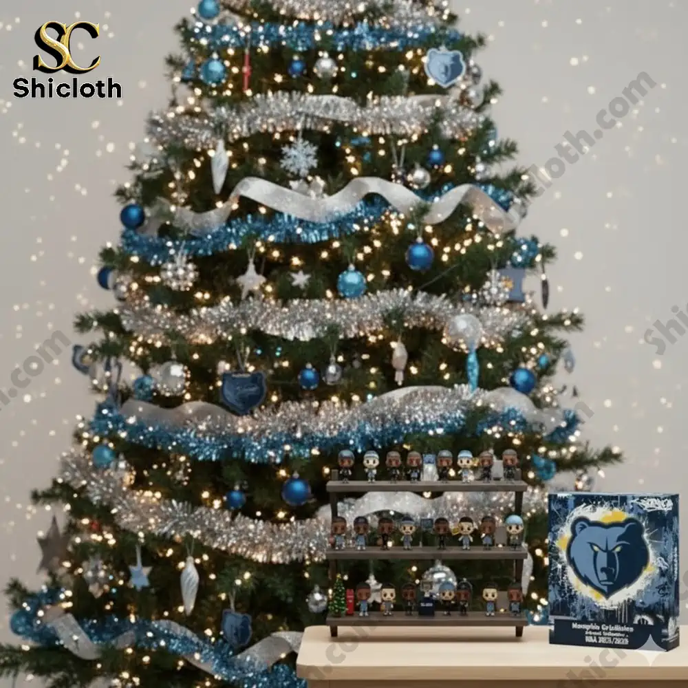 A decorated Christmas tree with blue and silver ornaments a Memphis Grizzlies advent calendar box and a three tier shelf of miniature player figures!