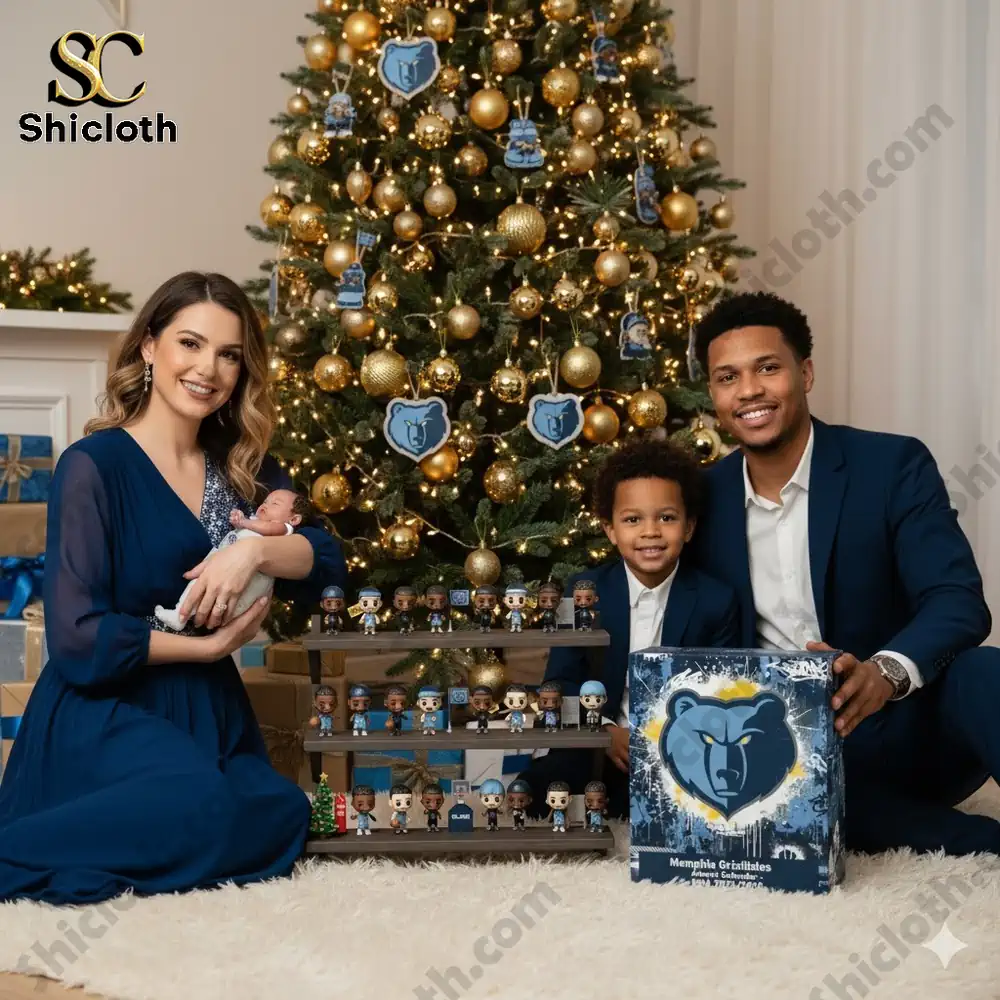 A family poses by a Christmas tree with a Memphis Grizzlies advent calendar box and rows of collectible mini figures on display!