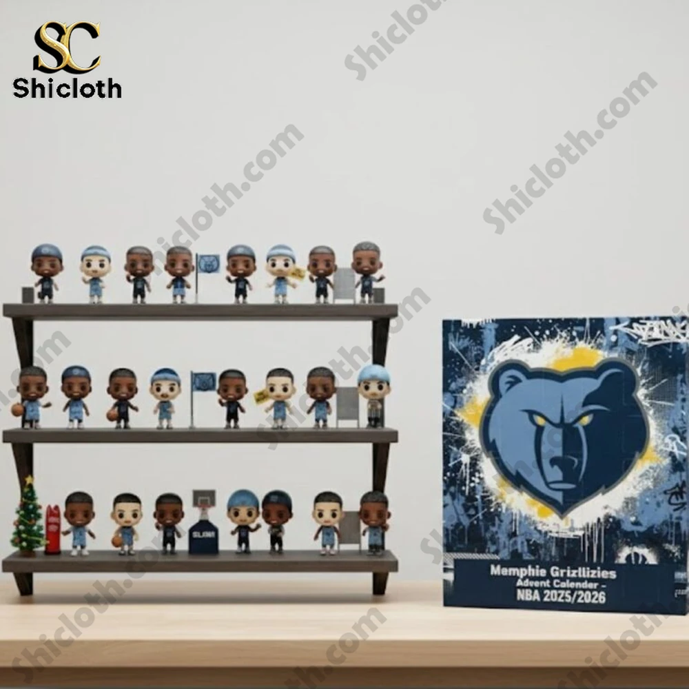 SLAM x Memphis Grizzlies NBA 2025 Advent Calendar 4 Three tier shelf display of Memphis Grizzlies miniature player figures next to the advent calendar box!