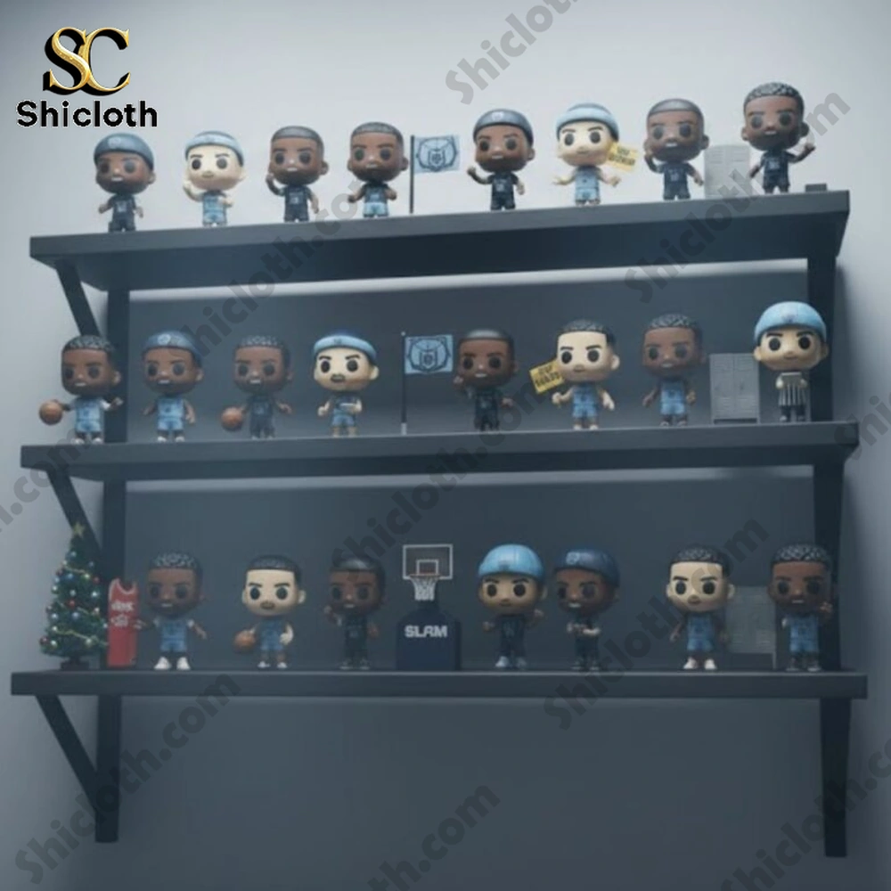 SLAM x Memphis Grizzlies NBA 2025 Advent Calendar 5 Close up of Memphis Grizzlies miniature player figures lined across a wall mounted shelf showing facial and uniform details!