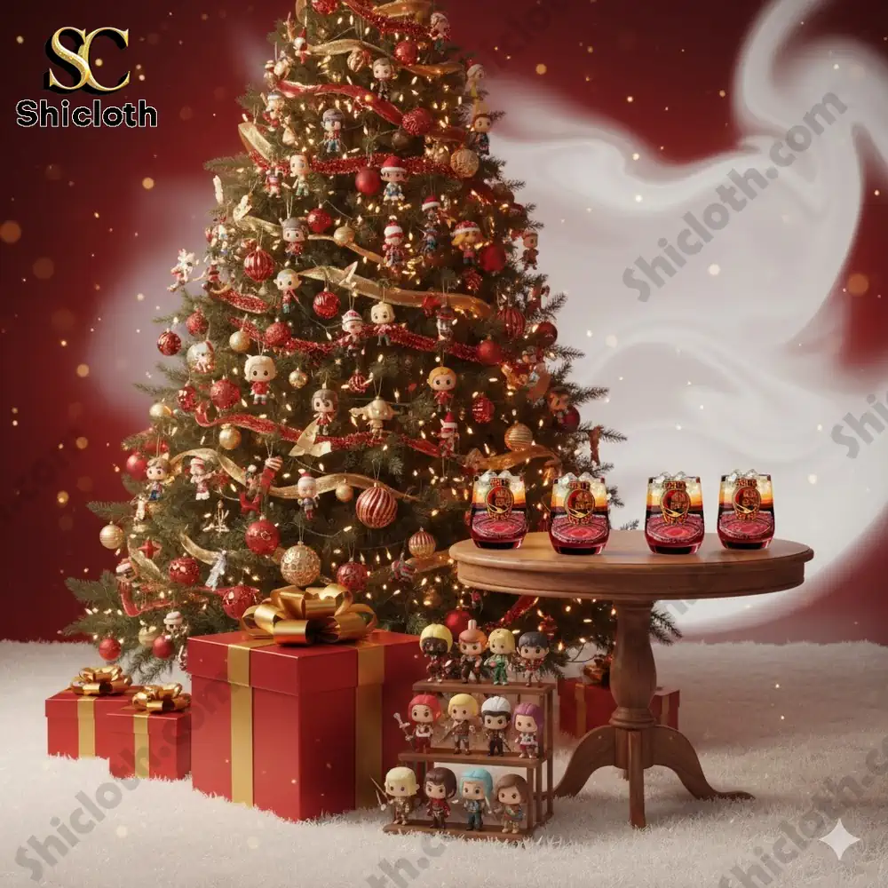 A decorated Christmas tree with small figures gifts and a table holding themed glasses!