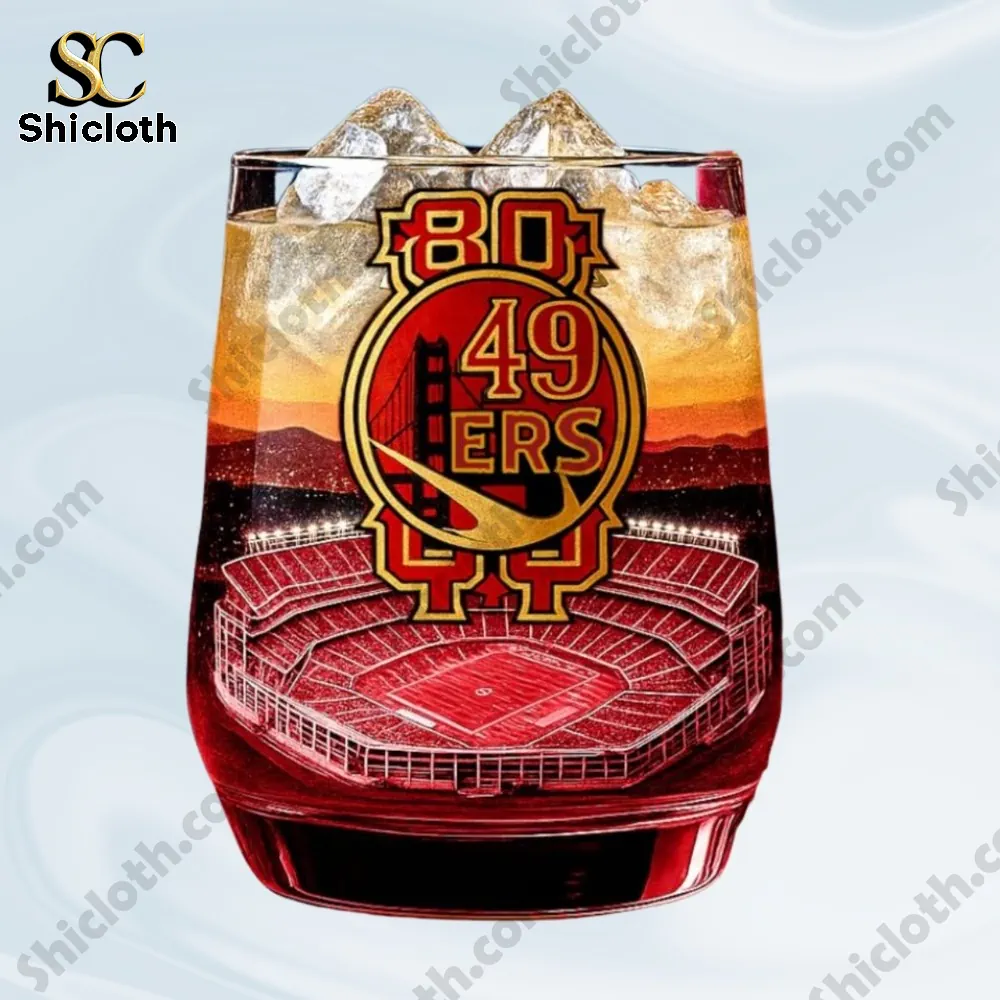 A single themed whiskey glass with a bold sports logo and stadium artwork!