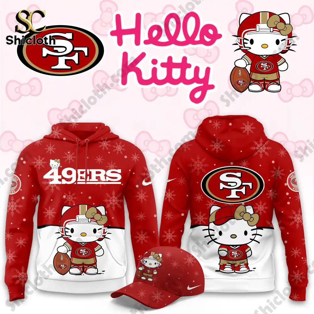 San Francisco 49ers Hello Kitty Christmas hoodie and cap design featuring Hello Kitty in a football outfit.