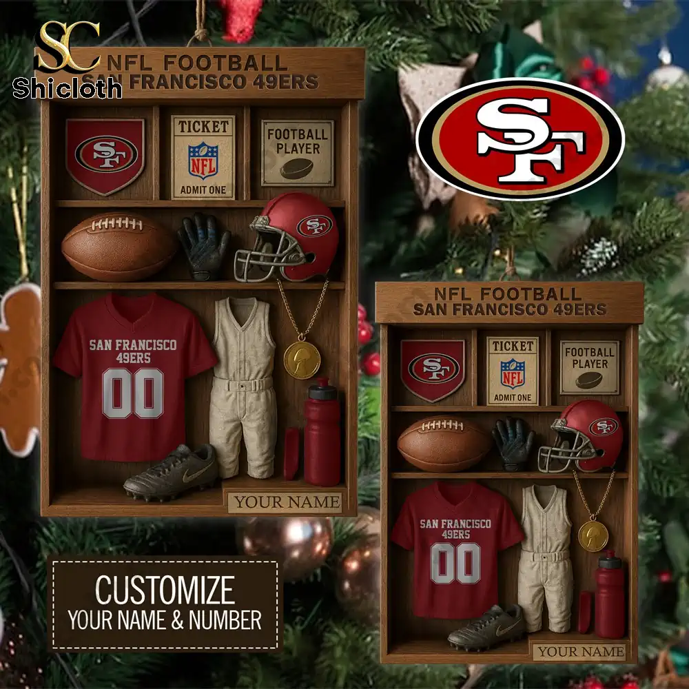 Close view of a customizable San Francisco 49ers ornament box with football gear and jersey.
