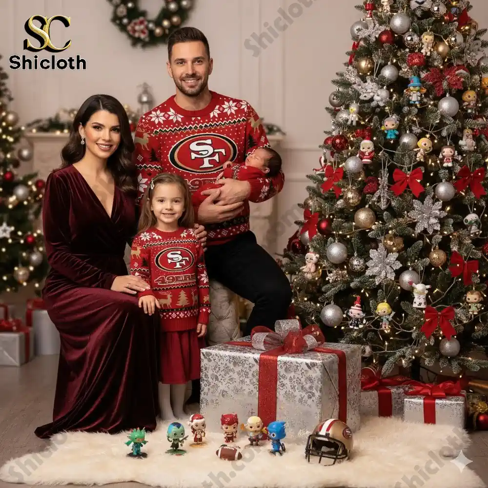 A family in matching red San Francisco 49ers Christmas sweaters posing in front of a decorated tree.