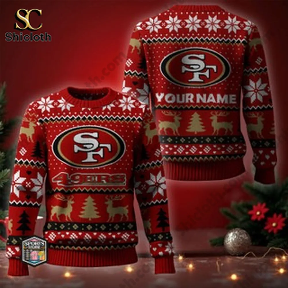 A red San Francisco 49ers Christmas sweater with customizable name and holiday-themed designs.