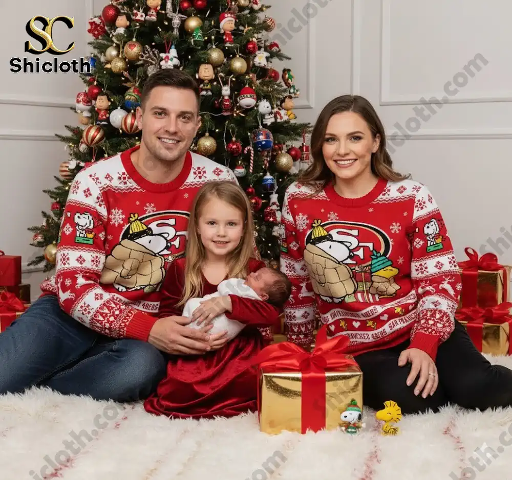 A family wearing Snoopy-themed Christmas sweaters with San Francisco 49ers design posing near a Christmas tree, holding a baby and standing with a child.