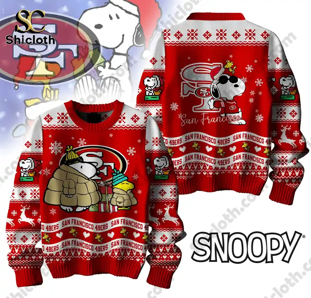 Front view of a red Christmas sweater with Snoopy and the San Francisco 49ers logo, featuring snowflakes and holiday decorations.