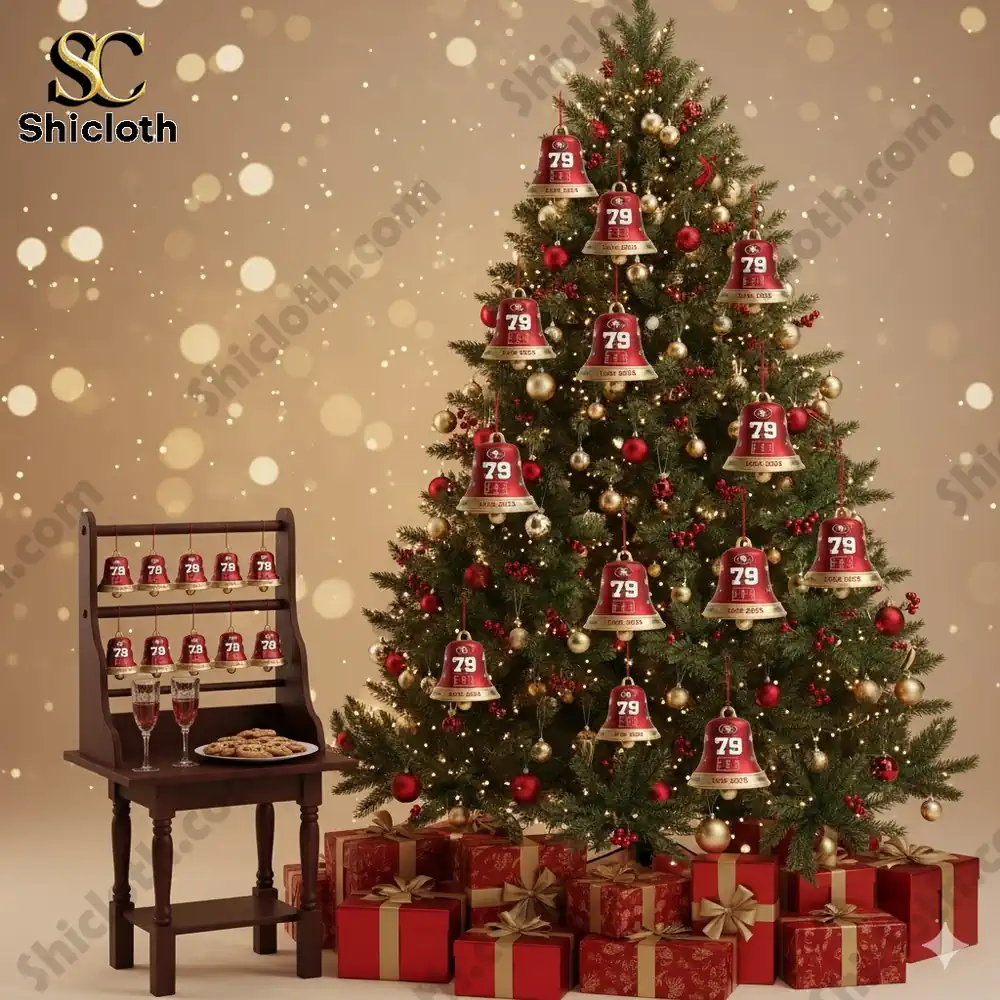 Christmas tree adorned with San Francisco 49ers 79th Anniversary bell ornaments and festive red and gold decorations.