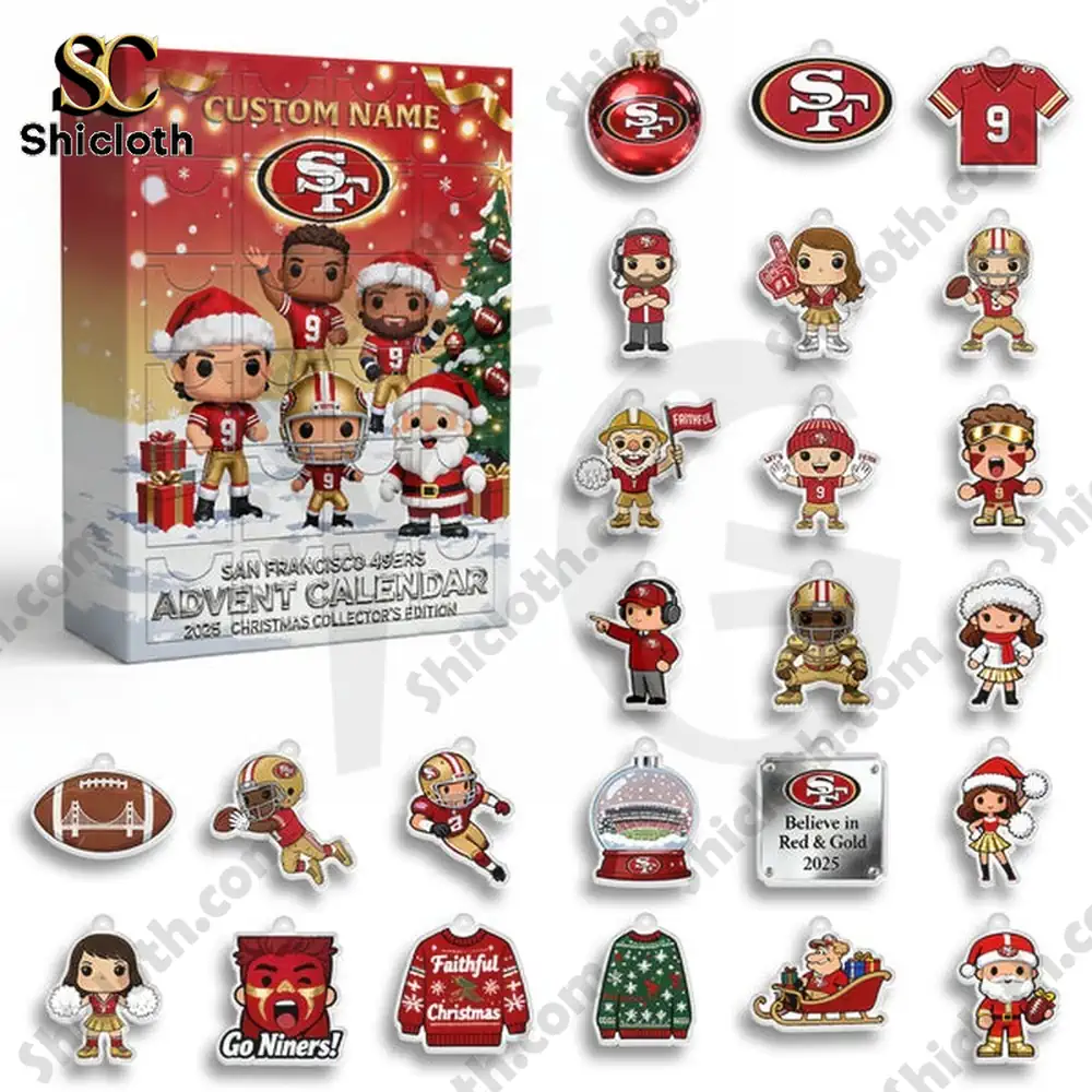 San Francisco 49ers Personalized Christmas Advent Calendar 3 San Francisco 49ers themed advent calendar with mini collectible figures and ornaments displayed beside the box.