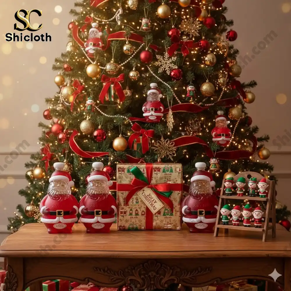 A Santa shaped red bottle displayed on a table in front of a decorated Christmas tree.