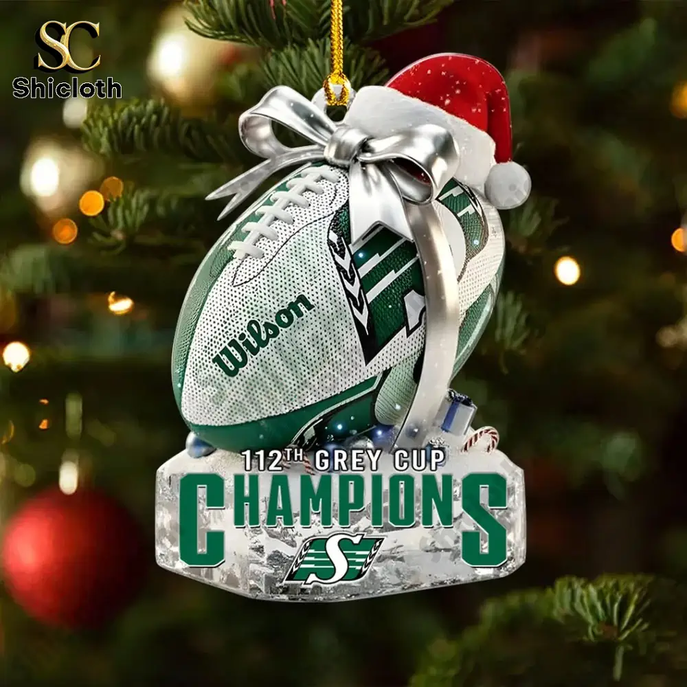Saskatchewan Roughriders Christmas ornament with football and champions text.