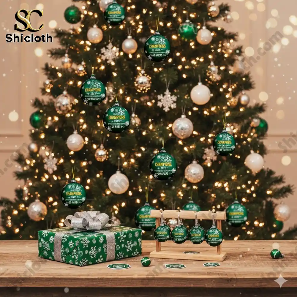 Christmas tree decorated with green champions ornaments and a gift box on a wooden table.