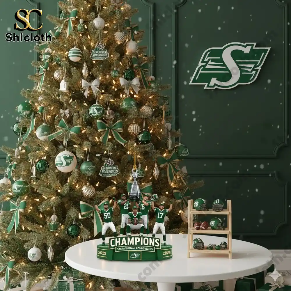 Christmas tree decorated with Saskatchewan Roughriders ornaments and a champions player figure display on a table.
