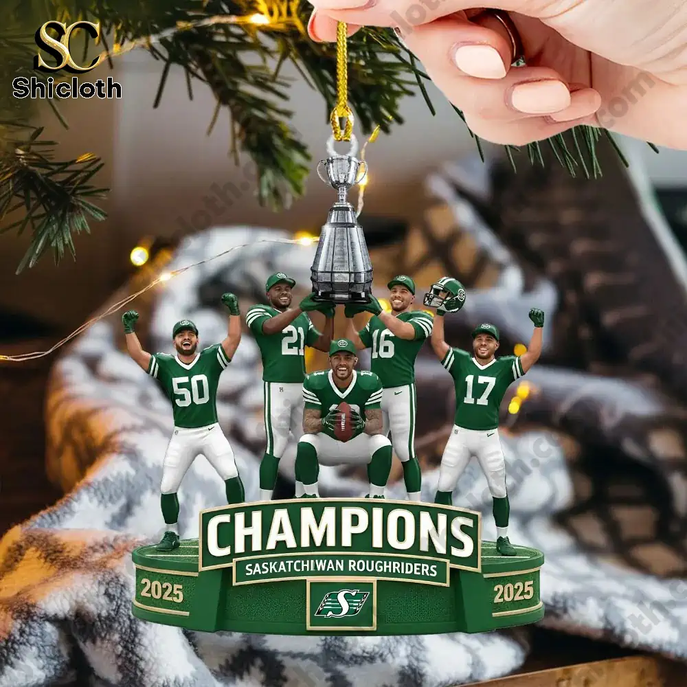 Saskatchewan Roughriders CFL Champs 112th Grey Cup Acrylic Ornament 3 Roughriders champions ornament hanging on a Christmas tree branch.