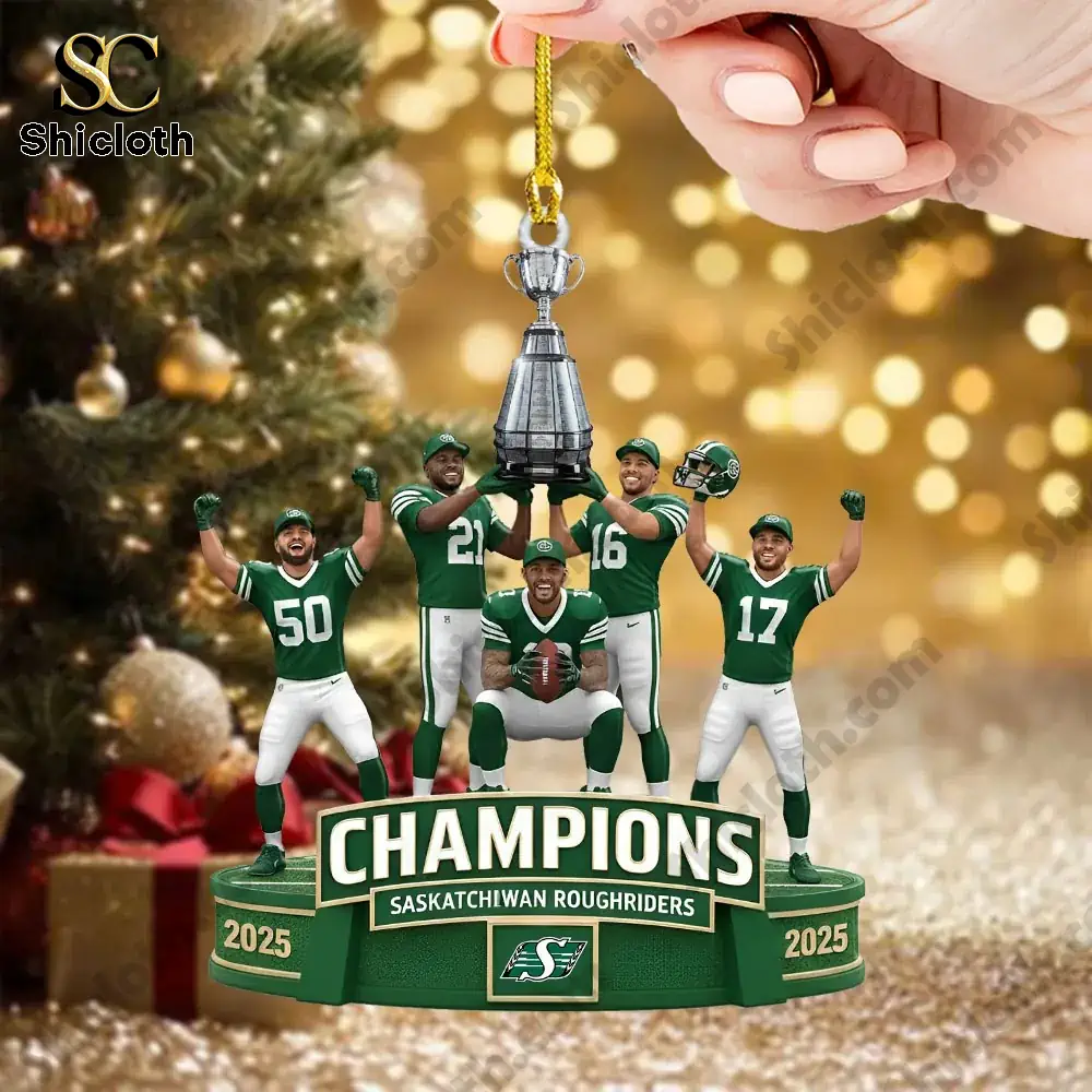 Saskatchewan Roughriders CFL Champs 112th Grey Cup Acrylic Ornament 4 Roughriders champions ornament held above a festive golden holiday background.