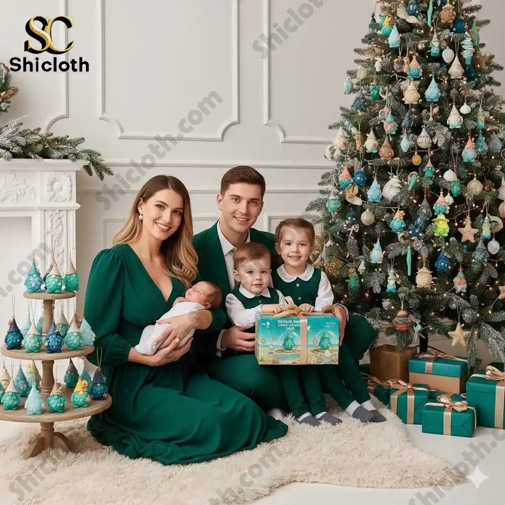 A smiling family dressed in green sits by a Christmas tree holding the Sea Glass Gnome Advent Calendar 2025 box.