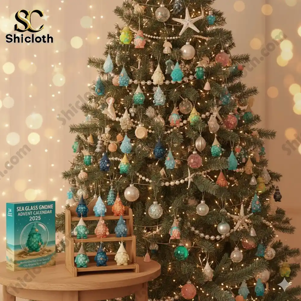 A decorated Christmas tree with colorful Sea Glass Gnome ornaments and the Sea Glass Gnome Advent Calendar 2025 box displayed nearby.