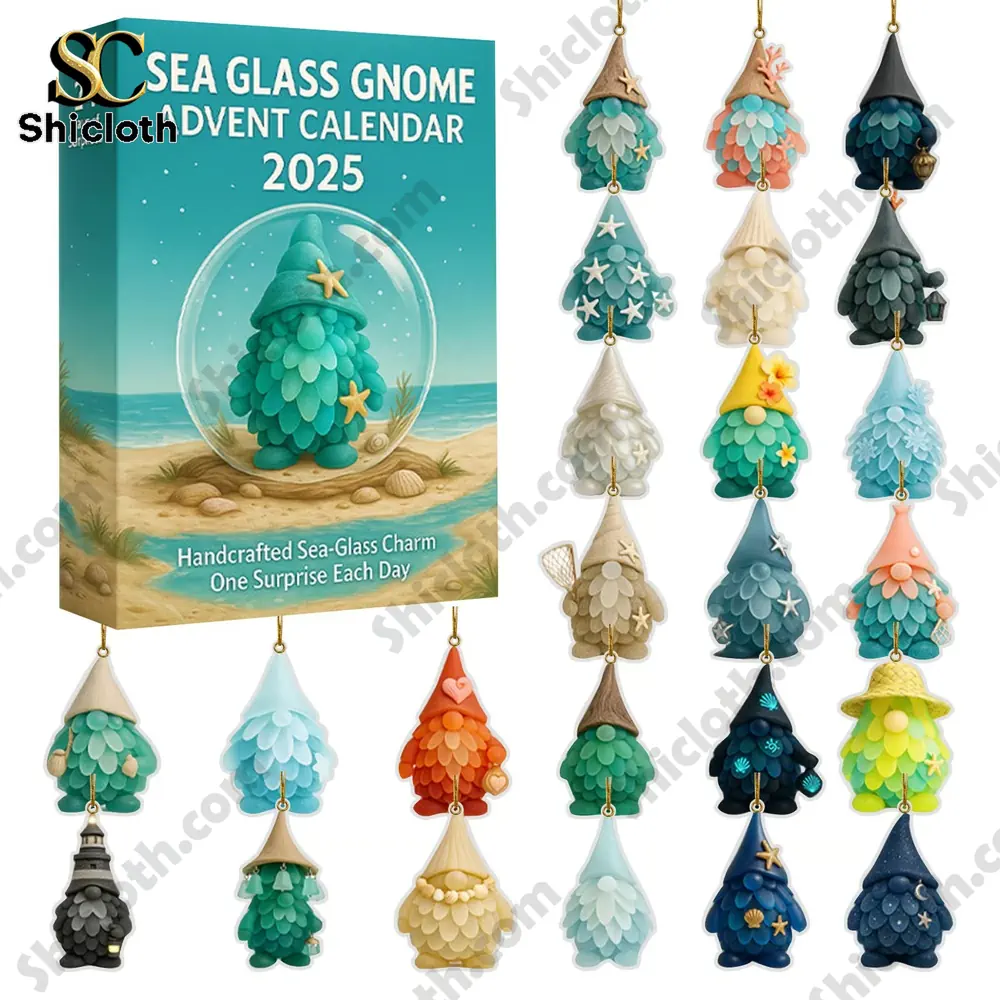 Sea Glass Gnome Advent Calendar 2025 3 The Sea Glass Gnome Advent Calendar 2025 box with an array of colorful handcrafted sea glass gnome ornaments.