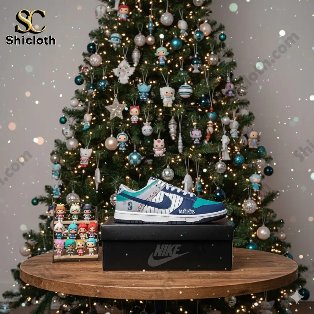 Custom Seattle Mariners shoes displayed on a table in front of a decorated Christmas tree!