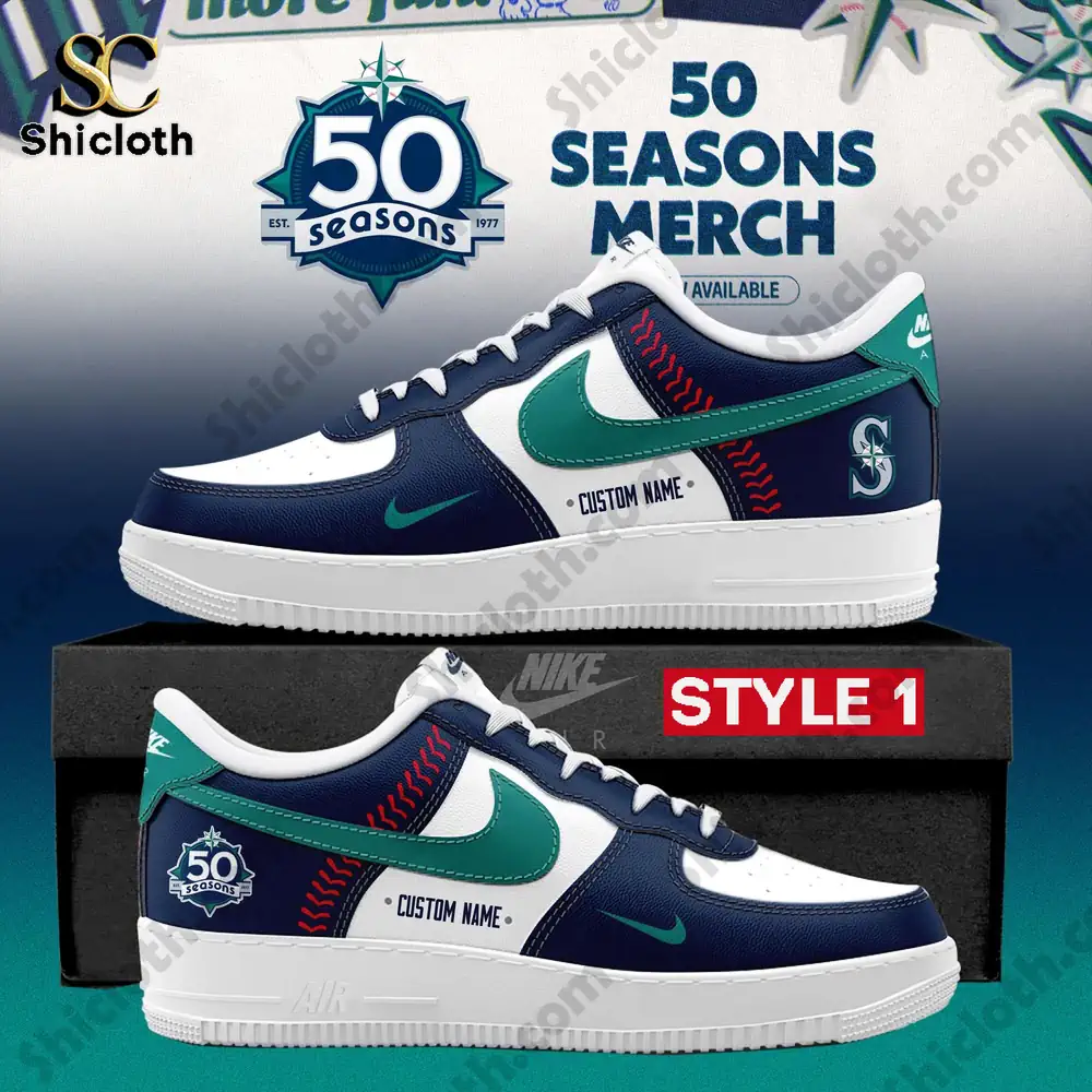 Seattle Mariners custom fifty seasons shoes shown on a display box!