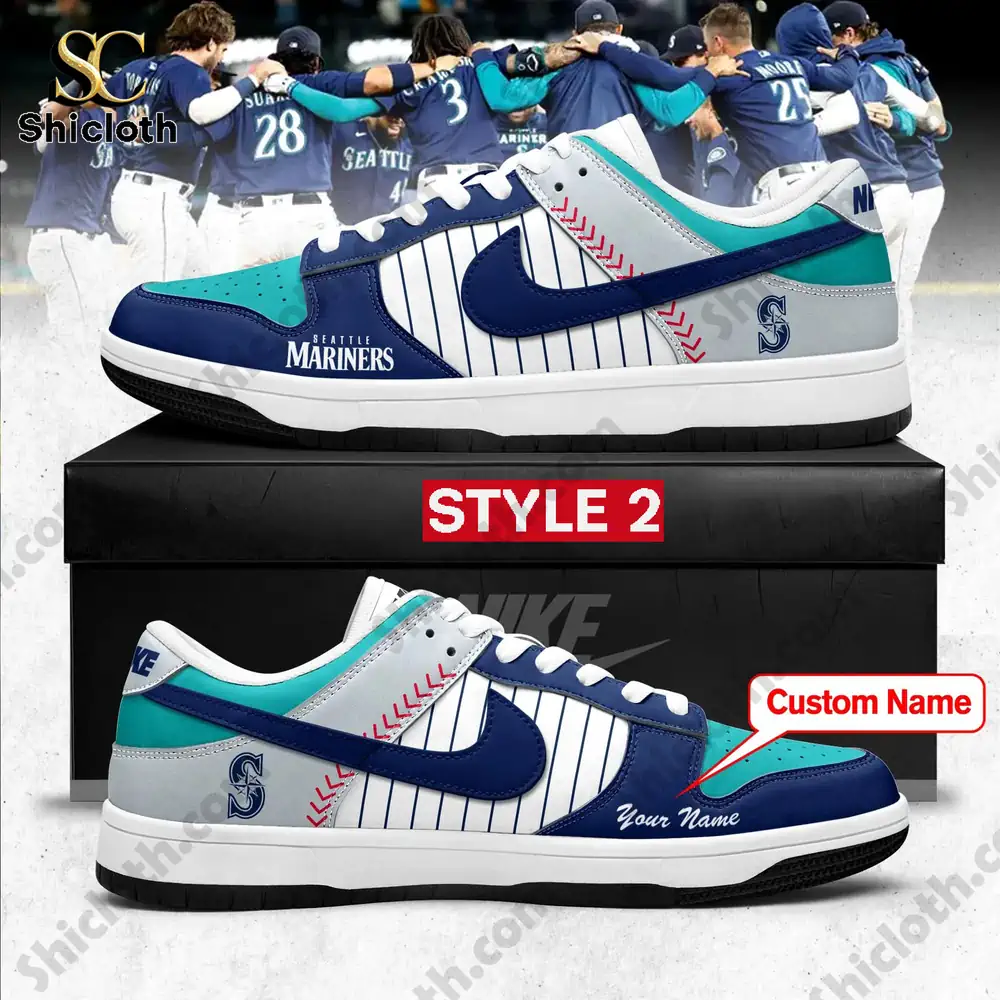 Seattle Mariners 50 Seasons Celebration Special Edition Air Force Shoes 3 Seattle Mariners custom striped shoes in blue and teal displayed on a box!