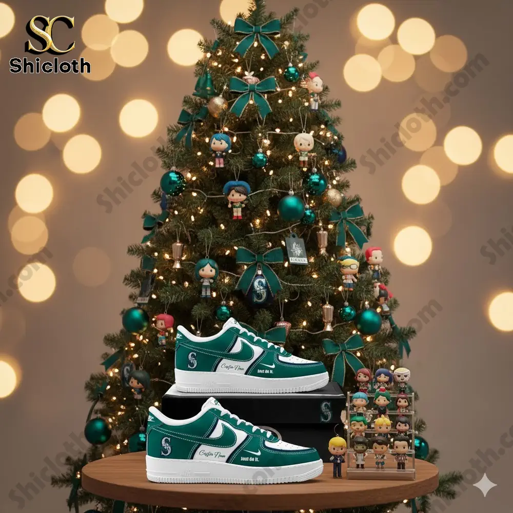 Green custom sneakers displayed in front of a decorated Christmas tree with small character ornaments!