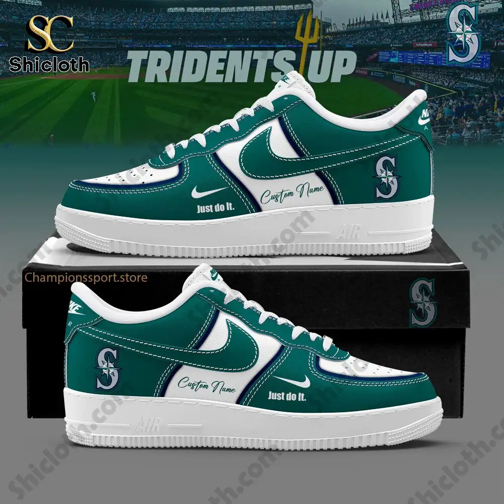 Green Seattle Mariners themed custom sneakers displayed on a box with a stadium background!