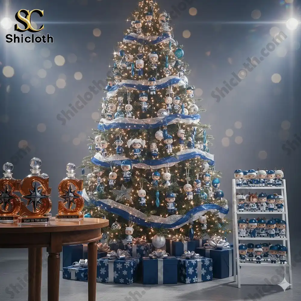 A Christmas tree decorated with many small blue themed figurines and blue wrapped gifts.