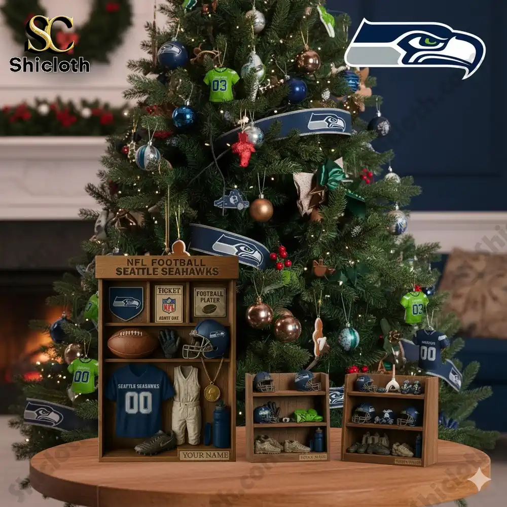 Christmas tree decorated with Seattle Seahawks themed ornaments and miniature locker displays.