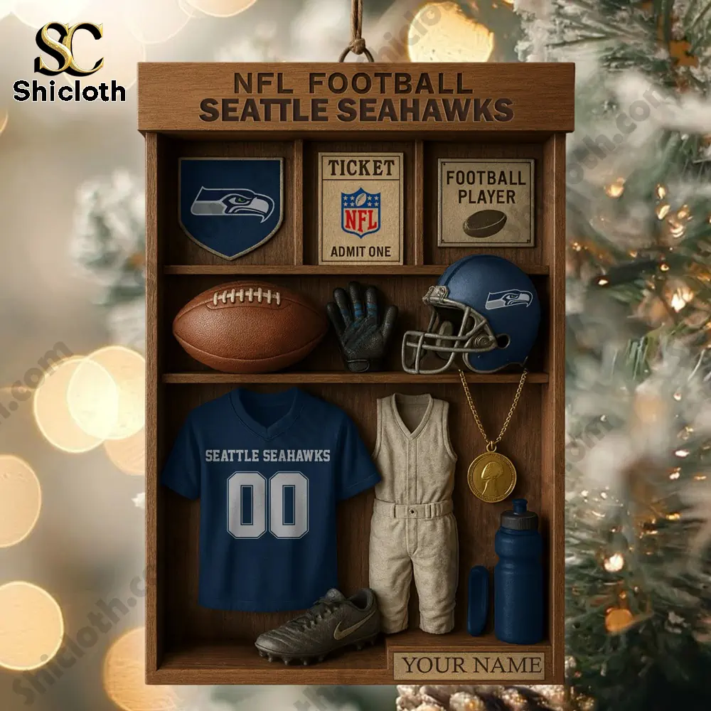 Seattle Seahawks NFL Football Locker Customizable Hanging Ornament 3 Seattle Seahawks themed locker ornament hanging on a Christmas tree.