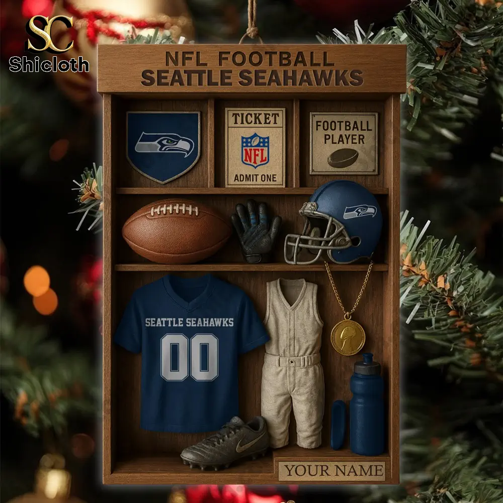 Seattle Seahawks NFL Football Locker Customizable Hanging Ornament 4 Seattle Seahawks locker style ornament displayed on a Christmas tree.