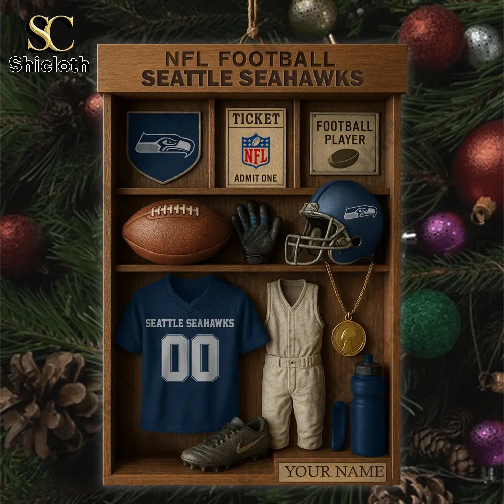 Seattle Seahawks NFL Football Locker Customizable Hanging Ornament 5 Seattle Seahawks themed ornament with detailed miniature football items.