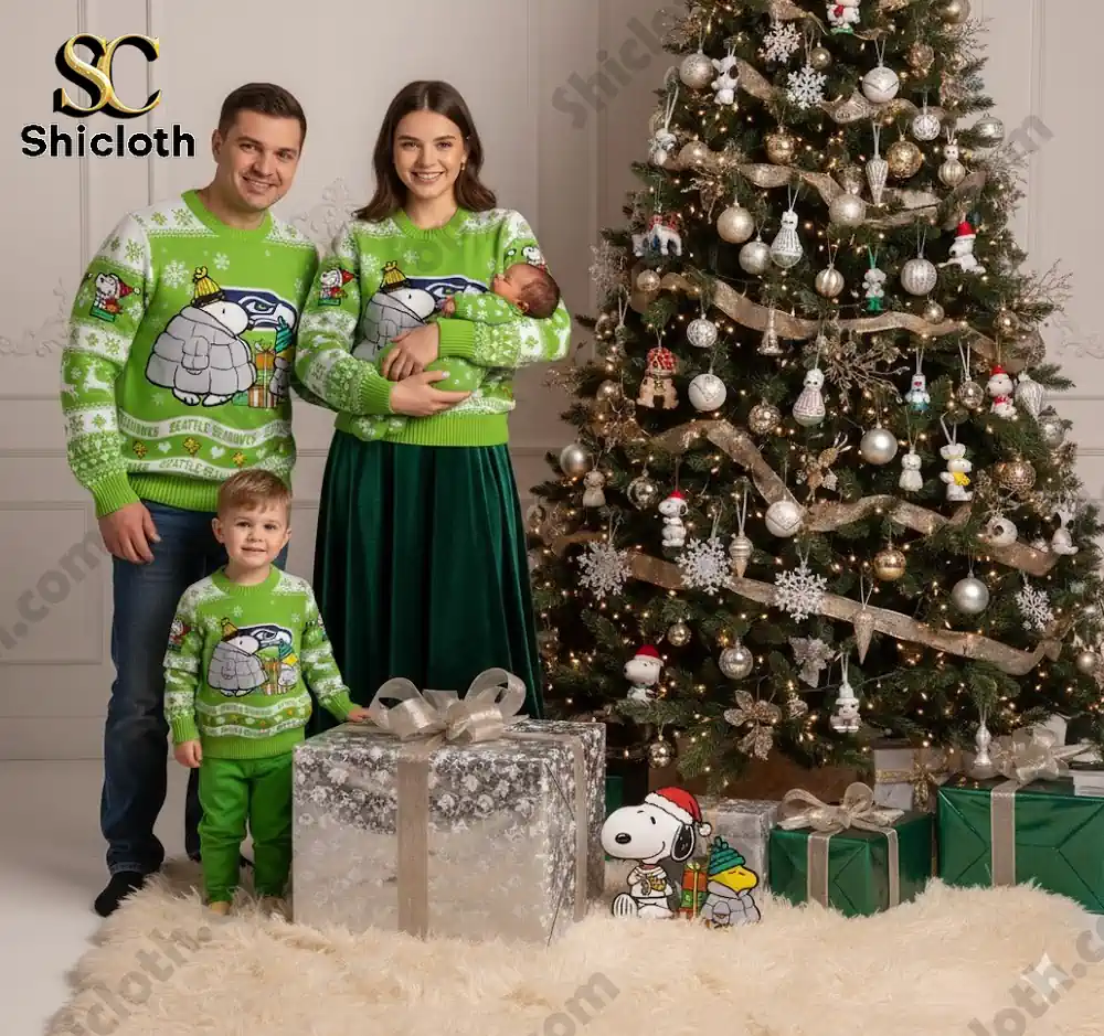 A family wearing matching green Snoopy-themed Seattle Seahawks sweaters next to a Christmas tree with presents and Snoopy decorations.