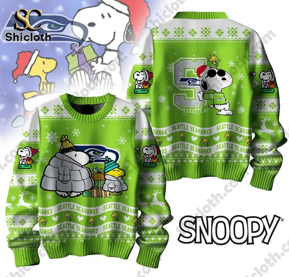 A close-up image of a green Seattle Seahawks Snoopy-themed sweater featuring Snoopy and Woodstock, designed for a fun holiday look.