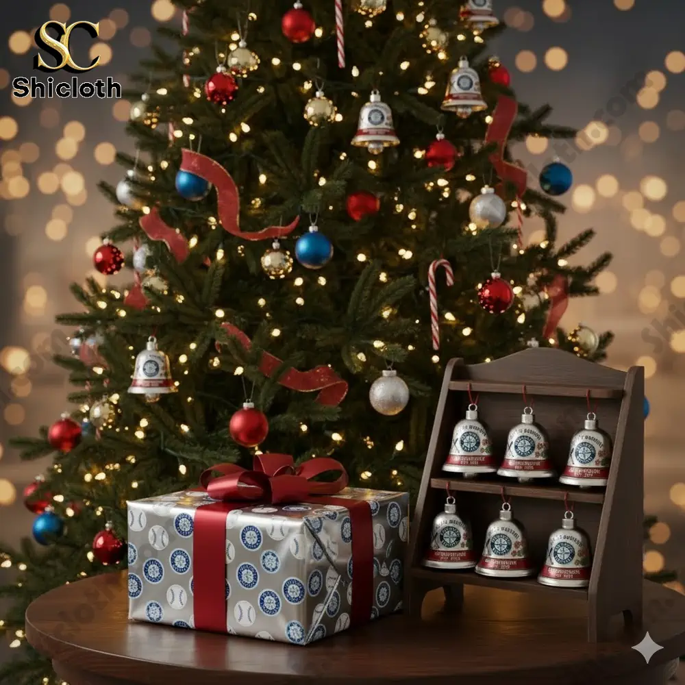 Christmas tree decorated with Seattle Mariners 48th Anniversary silver bell ornaments and wrapped gifts beside it.