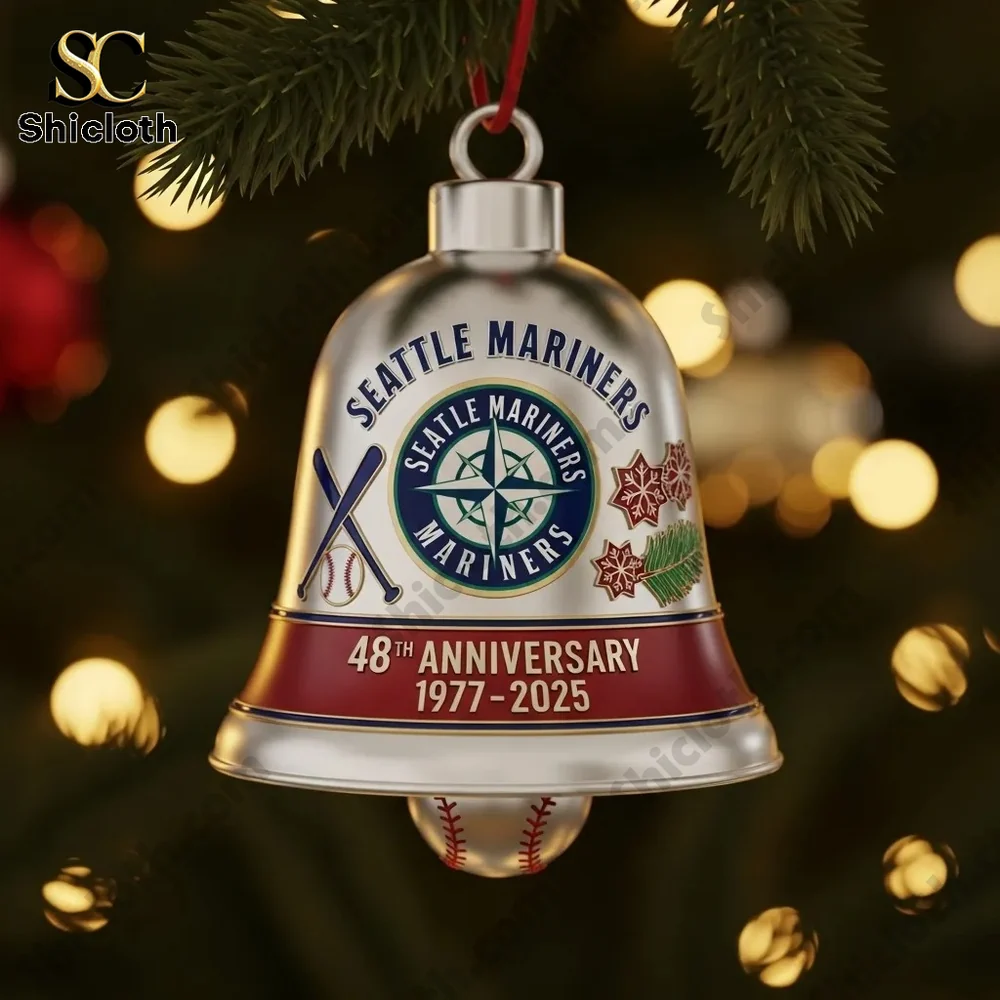 Close-up of Seattle Mariners 48th Anniversary silver Christmas bell ornament with baseball and snowflake designs.