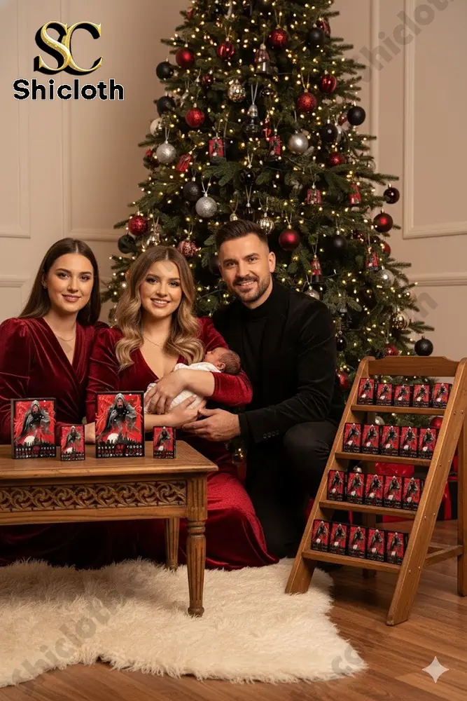 A family poses by a Christmas tree with Sleep Token playing cards displayed on a table and a small wooden shelf.