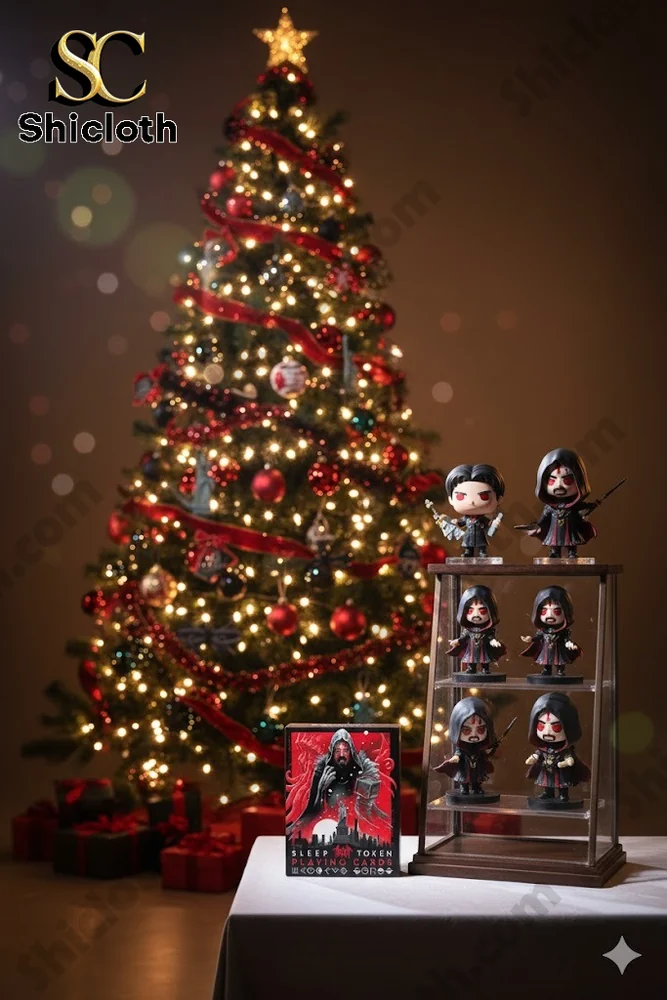 A Christmas tree with red and gold ornaments stands behind a table showcasing Sleep Token playing cards and collectible figures.