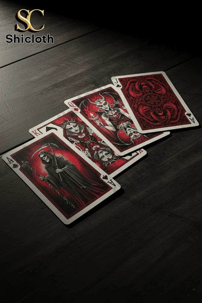 Sleep Token Haunted Edition Premium Poker Playing Card Deck 4 Four Sleep Token playing cards laid on a dark wooden surface showing intricate red and black artwork.