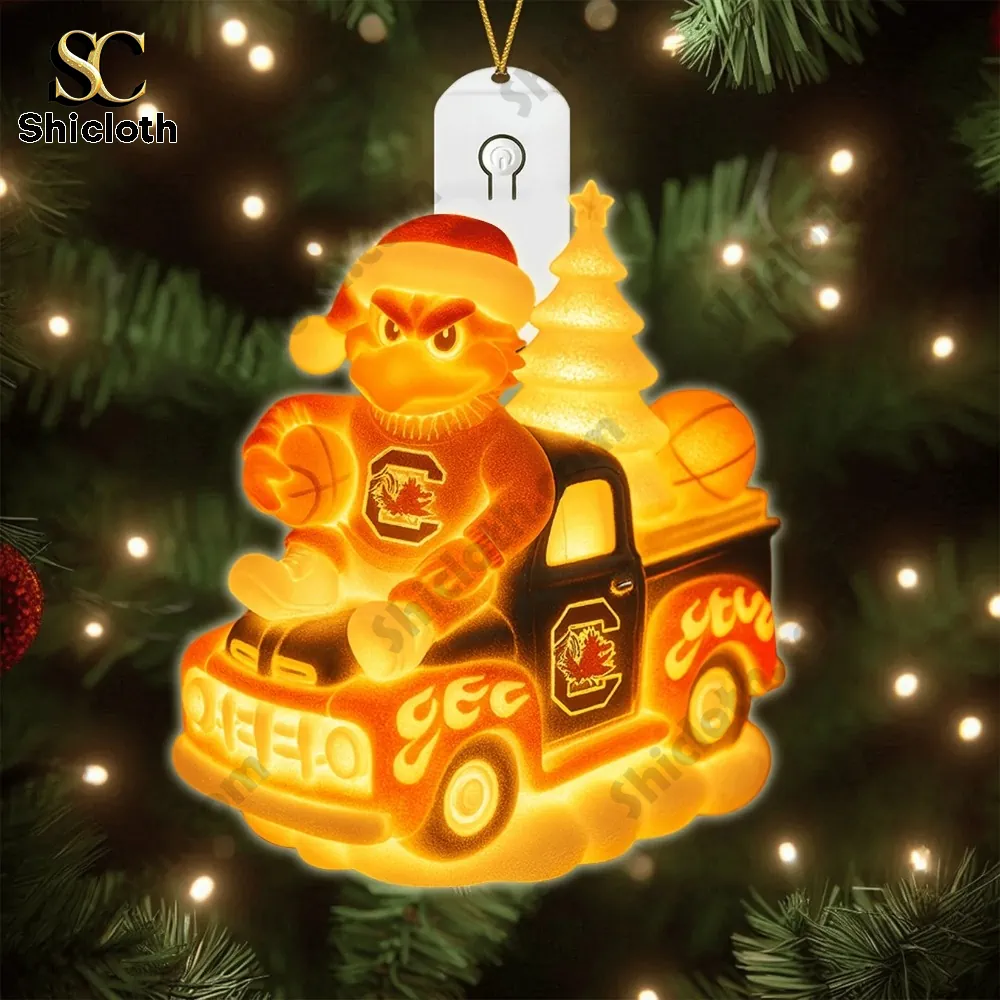 South Carolina Gamecocks Christmas Tree Topper And Ornament Set Gift Set 2025 3 SC mascot themed ornaments displayed in front of a Christmas tree.