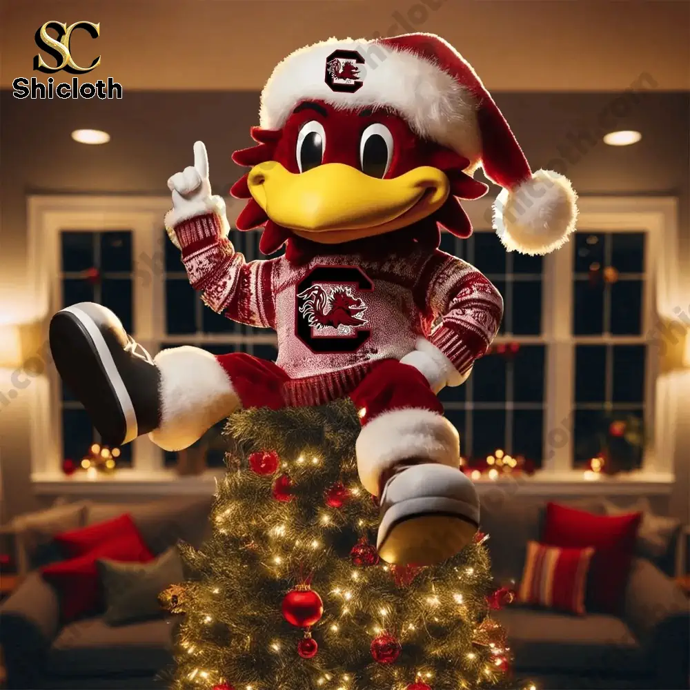 South Carolina Gamecocks Christmas Tree Topper And Ornament Set Gift Set 2025 7 SC themed character ornaments arranged for holiday display.