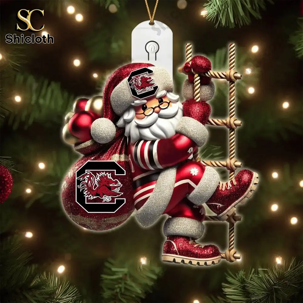 South Carolina Gamecocks Christmas Tree Topper And Ornament Set Gift Set 2025 8 SC themed ornaments placed near a brightly lit Christmas tree.