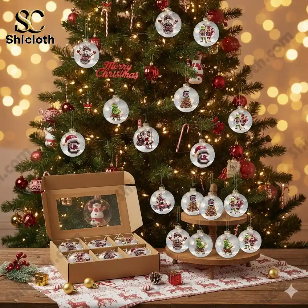 Christmas ornaments with Gamecocks theme displayed near a decorated Christmas tree from Shicloth shop!
